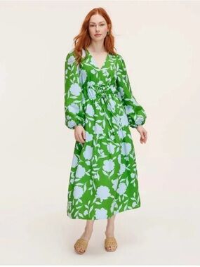 Green Floral V-Neck Midi Dress with Puff Sleeves Medium